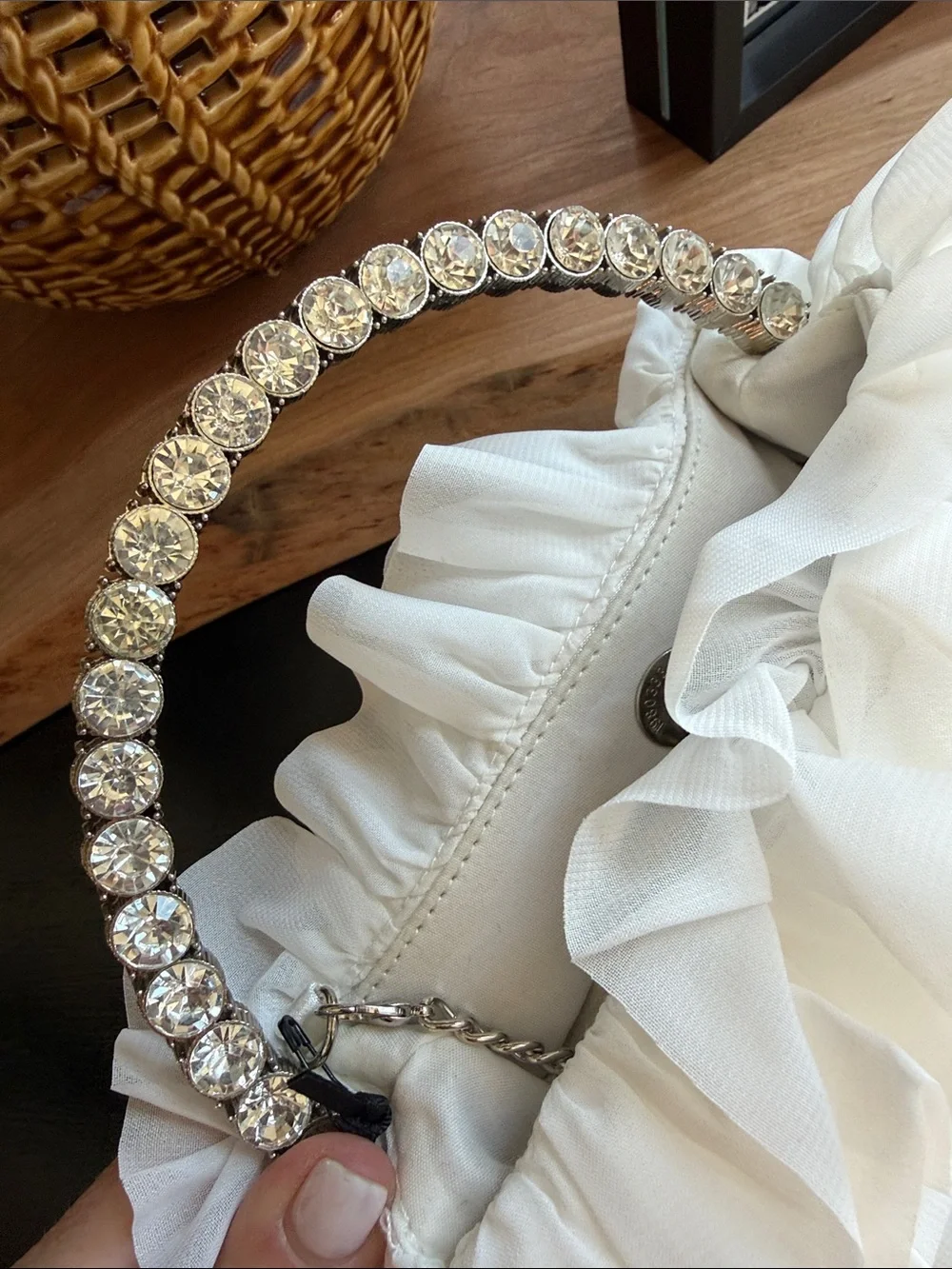 Sincerly Jules White Ruffle Clutch with Crystal Handle